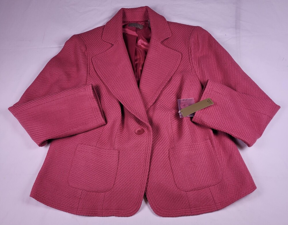 i.e. Woman Blazer Jacket Womens 1X Pink Boucle Textured Knit Lined 1 Button Coat